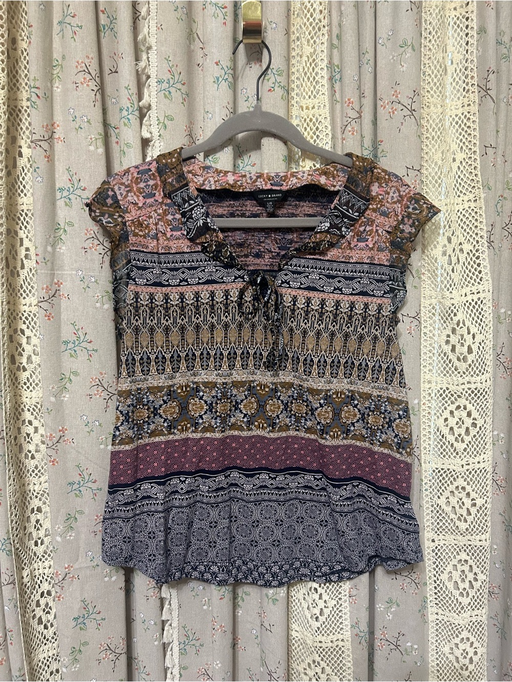 Lucky Brand Boho Mixed Print Flutter Sleeve Peasant Top Large Cotton Modal